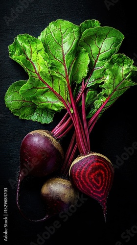 Organic Beetroot with Green Leaves on Black Background Fresh and Vibrant