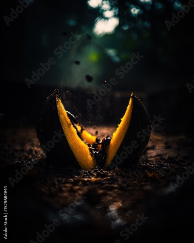 Bursting Yellow Fruit Shell Cracking Open in a Dark Natural Environment
