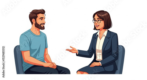 Cartoon Male Patient Visiting Female Psychologist Vector Illustration