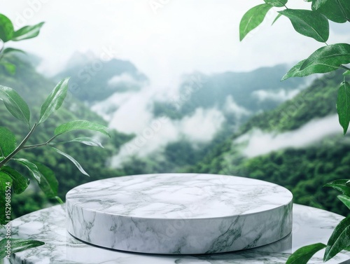 detailed picture of Marble podium for natural products in mountains nature. A stage for cosmetics product presentation in natural green environment copy space high detail 8k
