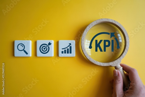 Business key performance indicators displayed through a magnifying glass.