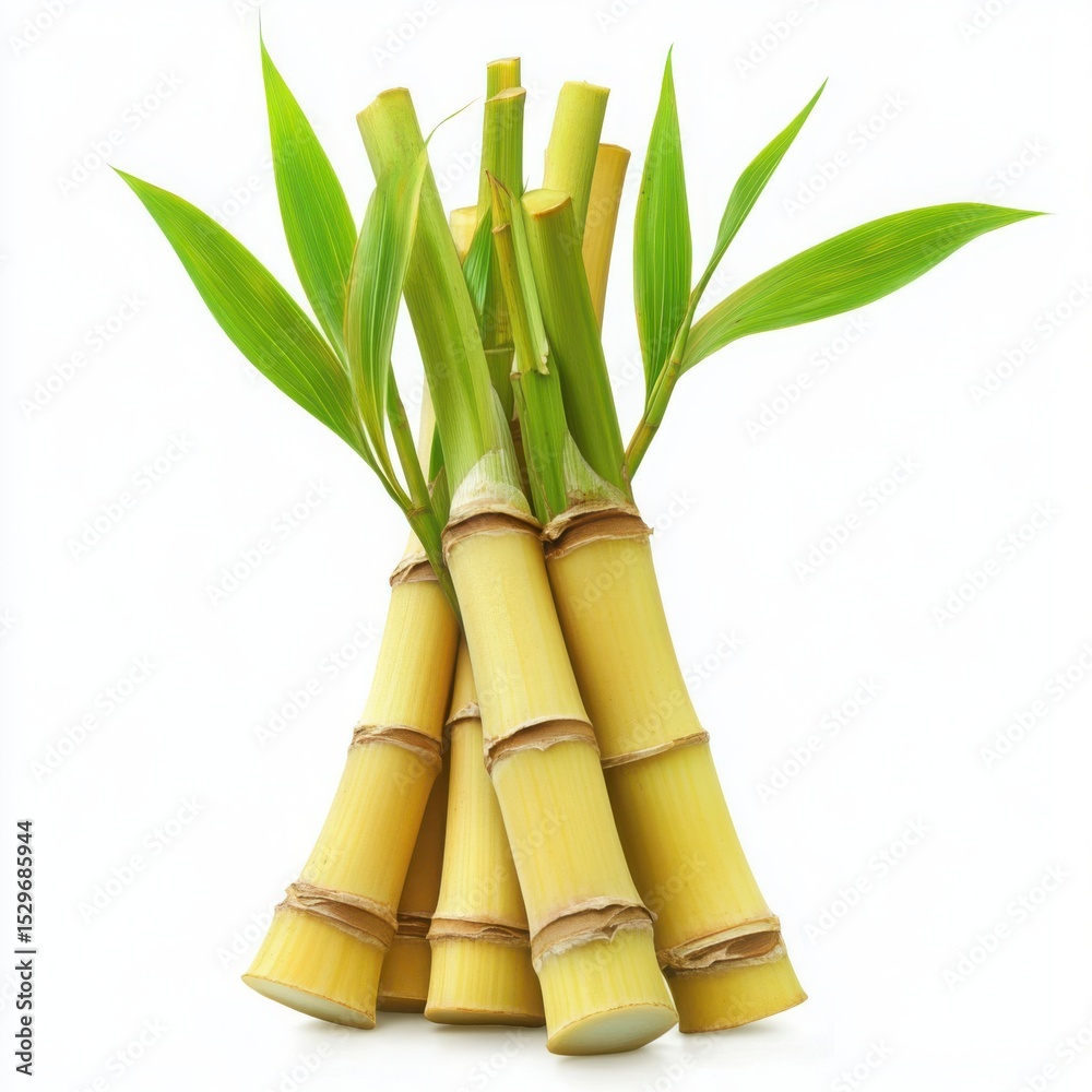 Fototapeta premium Bundle of bamboo stalks with leaves on a white background