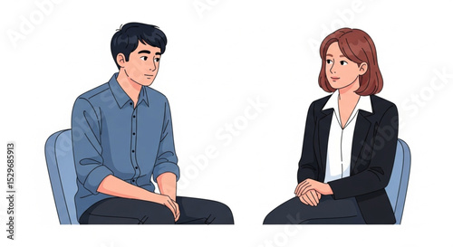Cartoon Male Patient Visiting Female Psychologist Vector Illustration