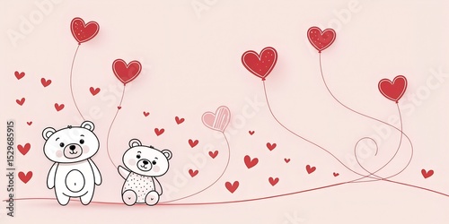 Minimalist Red Hearts and Bear Doodles on Baby Pink Background