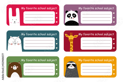 Name tag set. Colored school labels for kids and class names with cute animal - panda, bear, sloth, giraffe, cat, hare. Notebook Labels. children's education. Vector illustration
