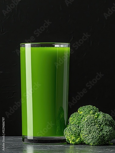 Glass of Fresh Green Vegetable Juice and Broccoli on Dark Background