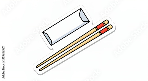 Illustration of a pair of chopsticks and a chopstick wrapper. The chopsticks have red accents at the top, and the wrapper is white with a simple design.