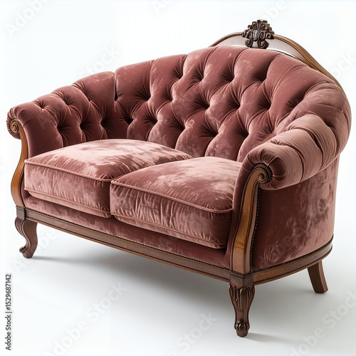 Elegant two-seater mauve settee with dark wood frame furnishing interior decor on white background