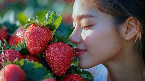 Close-up of a woman smelling fresh strawberries