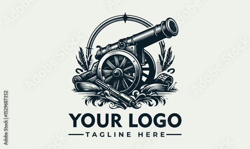 Detailed vintage cannon illustration firing with smoke and decorative stars. Historical weaponry concept
