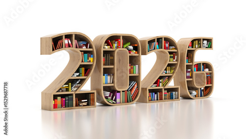 New Year 2026 Creative Design Concept with Book Shelf - 3D Rendered Image	