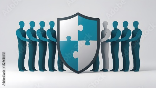 A unified team collaborates to hold a puzzle shield. 3D concept for business security, teamwork, and finding a collective solution.