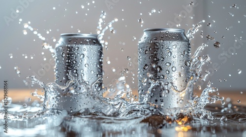 Two metallic cans are captured splashing into clear water, creating a refreshing and dynamic visual that emphasizes thirst-quenching beverages.
