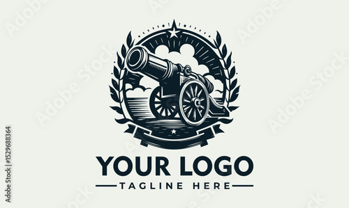 Detailed vintage cannon illustration firing with smoke and decorative stars. Historical weaponry concept