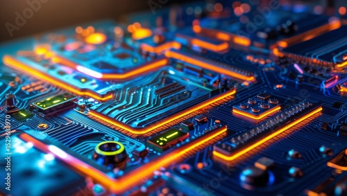 Close Up Of Colorful Circuit Board With Neon Lighting	
