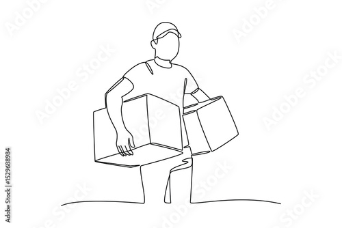 male helper carrying two boxes. Safe delivery of goods concept. 3d vector people character illustration. Cartoon minimal style.
