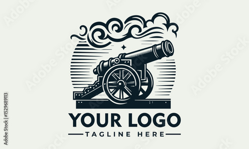 Detailed vintage cannon illustration firing with smoke and decorative stars. Historical weaponry concept