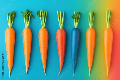 Array of Colorful Carrots on Blue Surface with Vibrant Green Tops