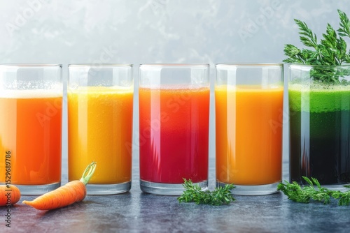 Colorful Assortment of Freshly Made Juices in Glasses on Dark Surface