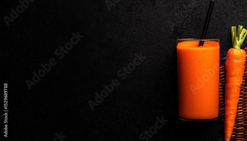 Glass of Fresh Carrot Juice with Whole Carrot on Dark Sparkling Background
