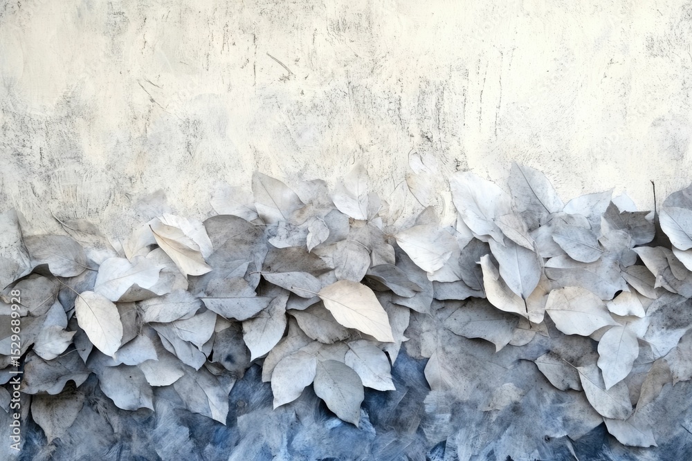 Greyish-blue dried leaves piled against a textured, off-white wall. Greyish-blue dried leaves piled against a textured, off-white wall.