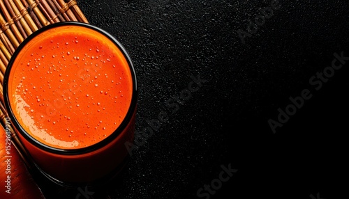 Vibrant Orange Juice in a Glass with Sparkling Background and Bamboo Mat