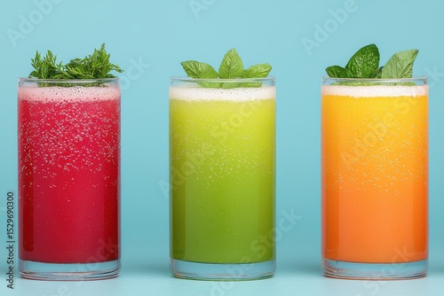 Colorful Sparkling Beverages with Fresh Mint on a Blue Background