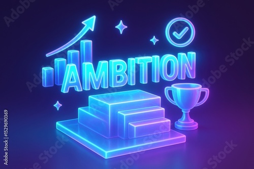 Neon style illustration of ambition with steps, trophy