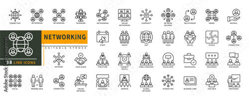 Minimalist Networking line icons set with editable stroke, featuring connection, teamwork, social, network, group, discussion, seminar, community, team, unit, interacting. thin linear illustration.