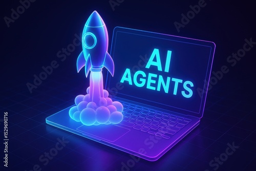 Digital illustration of rocket launching from laptop with words AI