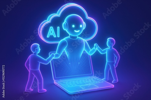 Digital illustration of two people shaking hands with large AI