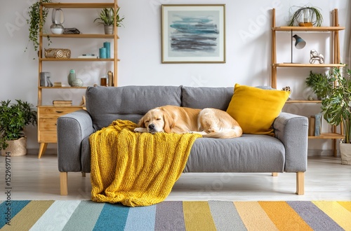 Dog sleeping on couch gray sofa with yellow blanket and pillow in living room interior design home decor