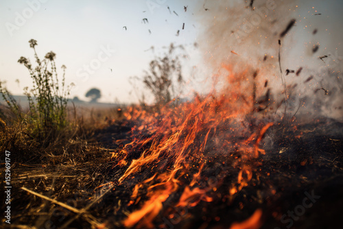 Close-up view of flames consuming dry vegetation with sparks flying, highlighting the destructive forces of fire in nature
