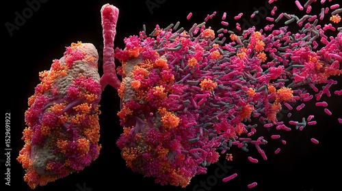 Colorful 3D illustration of a lung with red inflammation and swollen air sacs, overwhelmed by an invading swarm of rod-shaped bacteria. .