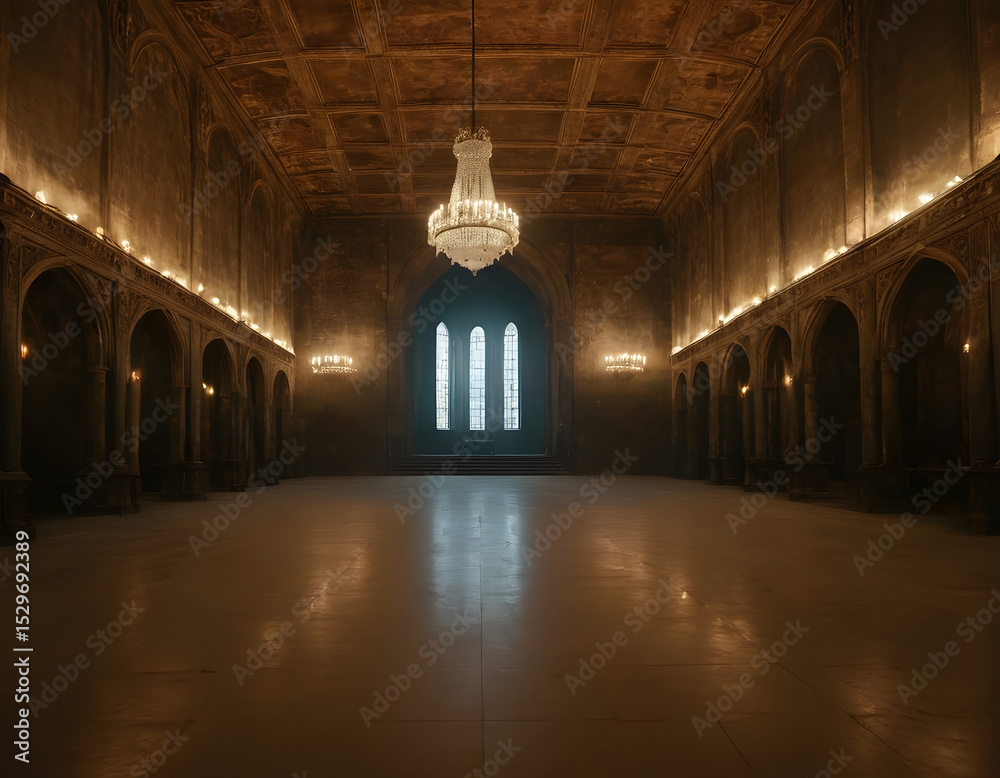 Fototapeta premium abstract renaissance empty big hall dark gothic light and smoke room, old aesthetic large hall with smoke