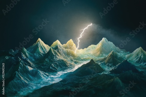 A dramatic lightning strike illuminates a surreal, textured mountain range under a dark sky.