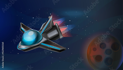 futuristic spaceship flying over the planet