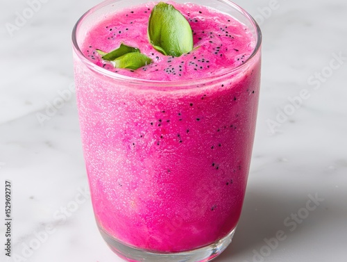 Vibrant Pink Smoothie Garnished with Mint Leaves in a Clear Glass on a Marble Surface