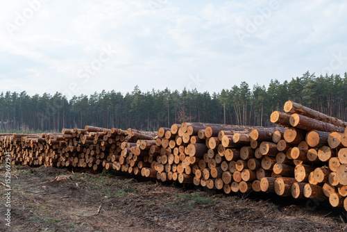 Extensive timber harvest: Stacked pine logs at forest's edge. A long stack of freshly cut tree trunks lines a cleared area, stretching towards the dense forest in the distance under a bright sky
