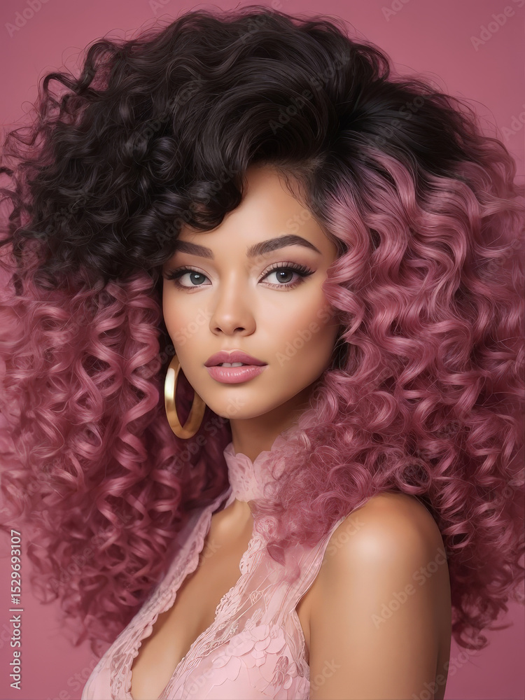 Fototapeta premium Young woman with voluminous curly ombre pink hair in a pink lace outfit against monochrome background