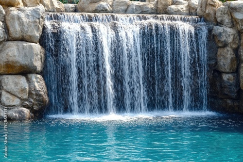 Serene waterfall cascading into a turquoise pool, surrounded by natural rock formations.