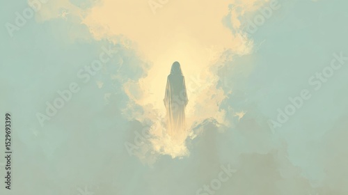 Serene Silhouette of Virgin Mary Rising Among Heavenly Clouds for Assumption Day Imagery