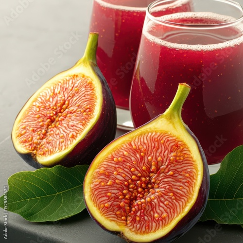 Freshly Sliced Fig Fruit With Glasses Of Deep Purple Fig Juice On Stone Surface
