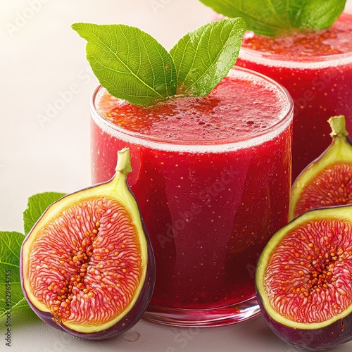 Refreshing Fig Juice in a Glass Garnished With Fresh Green Leaves