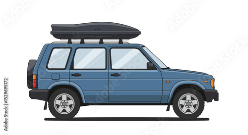 Blue suv with a roof box isolated on white background is ready for an off road adventure or a family vacation trip