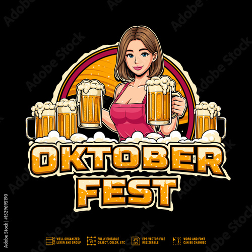 Logo for Oktoberfest festival event with illustration of girl and beer glass