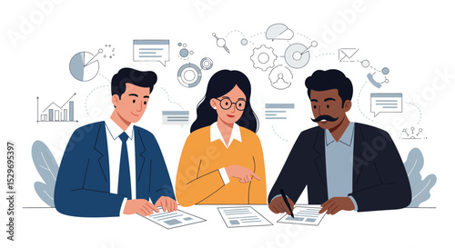 Team collaboration and discussion in business meeting setting for strategic planning vector illustration