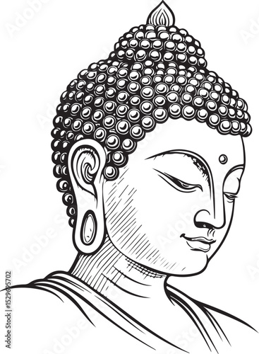 Buddha Head Portrait Statue Buddhism Vector Illustration, Sketch Drawing Line Linear Symbol Icon Engraving Coloring Book, Hand-drawn Black and White Isolated