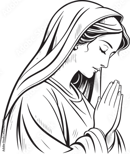 Woman Praying Hands in Prayer Catholic Faith Vector Illustration, Sketch Drawing Line Linear Symbol Icon Engraving Coloring Book, Hand-drawn Black and White Isolated