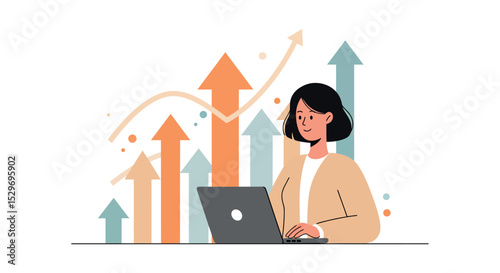 Business growth strategy with woman on laptop and rising arrows vector illustration